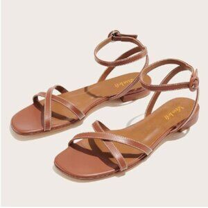 miss left Chocolate Crisscross Strap Open Toe Sandals Ankle Strap Buckle Shoes